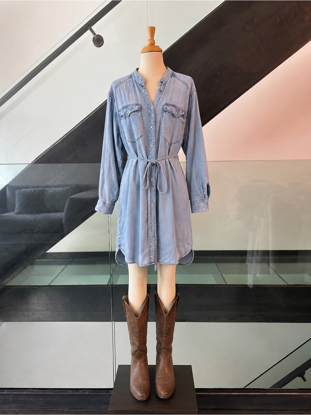 All Saints Light Blue Denim Shirt Dress with Waist Tie